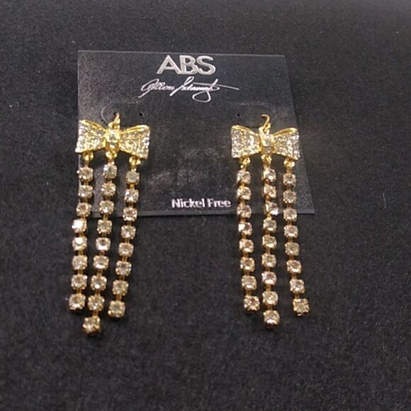 NWT Bow pierced gold tone metal Dangling strings of clear rhinestones - Picture 1 of 5